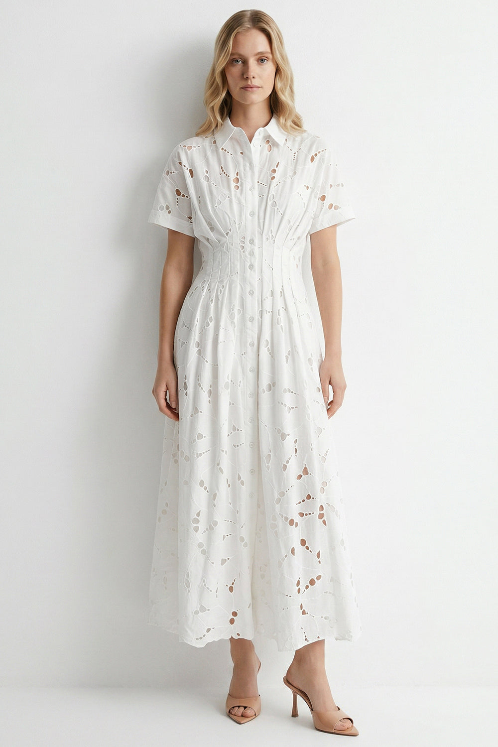 Short Sleeve Buttoned Eyelet Lined Midi Shirt Dress - WHITE