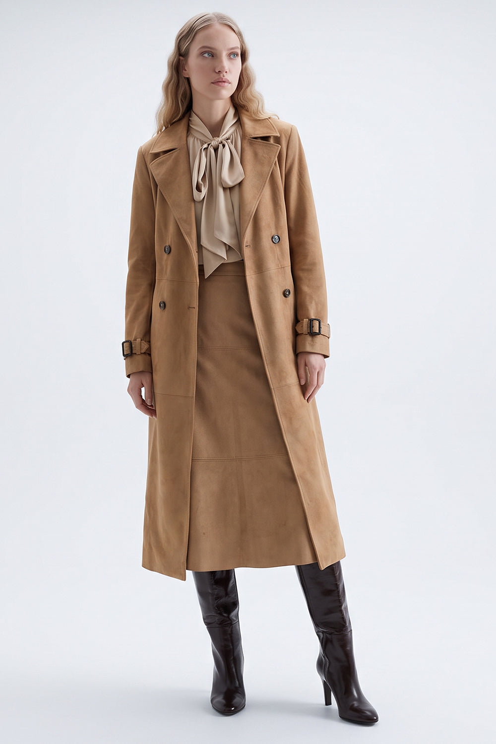 Lined Suede Trench Coat with Shoulder Pads and Belt - CAMEL