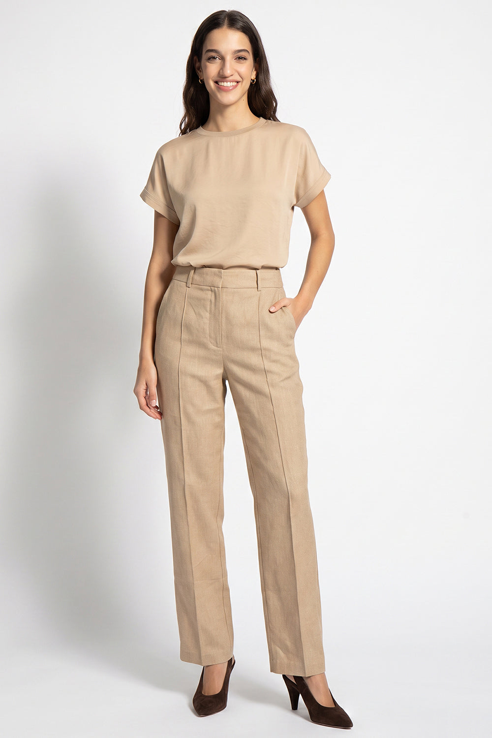 High Waisted Linen Blend Trousers - CAMEL