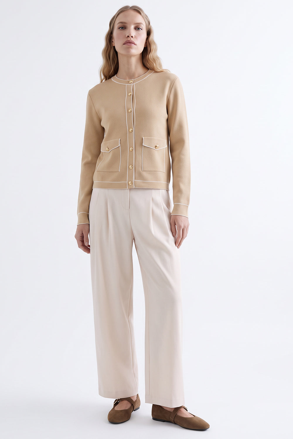 Round Neck Pocketed Knit Cardigan - BEIGE
