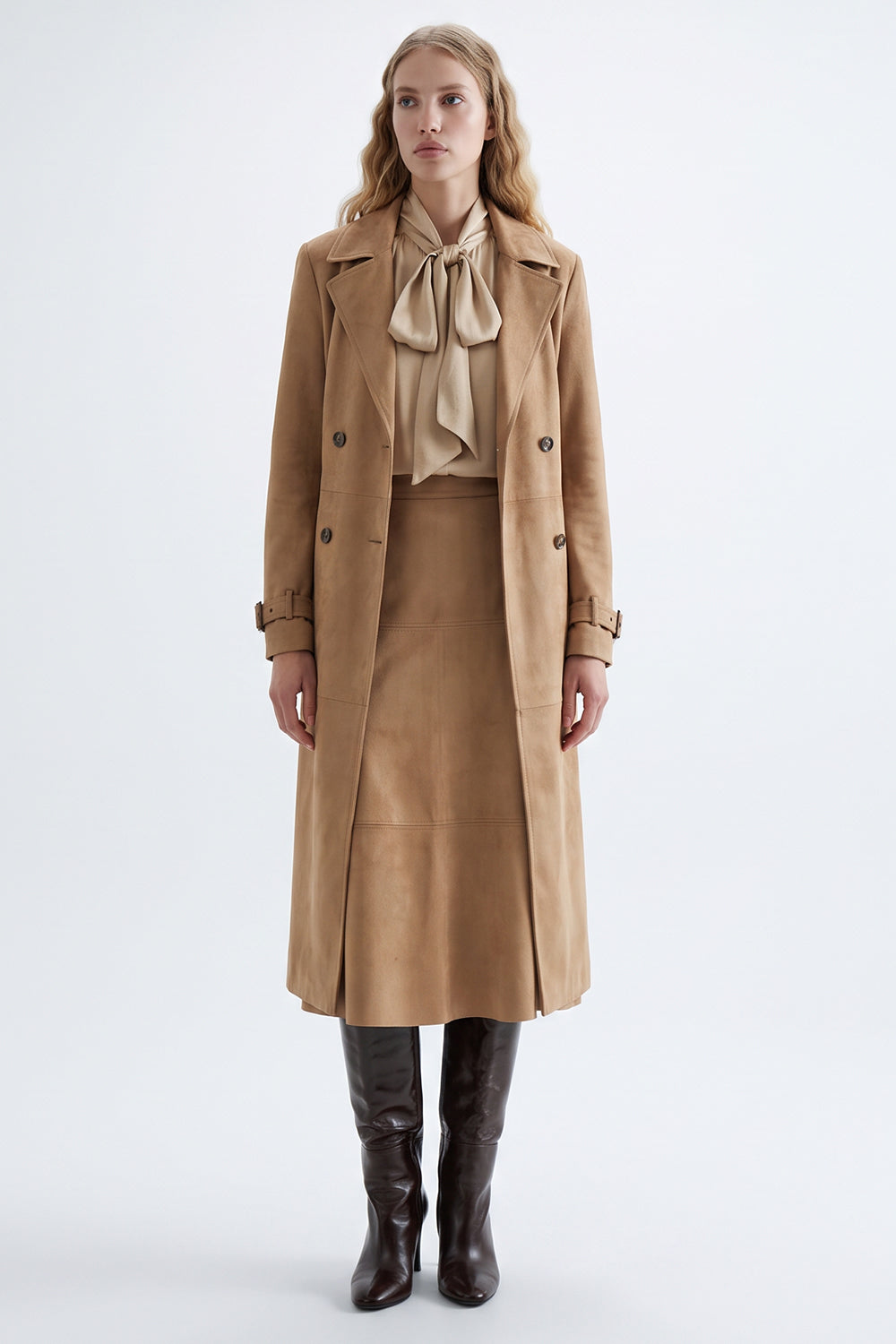 Lined Suede Trench Coat with Shoulder Pads and Belt - CAMEL