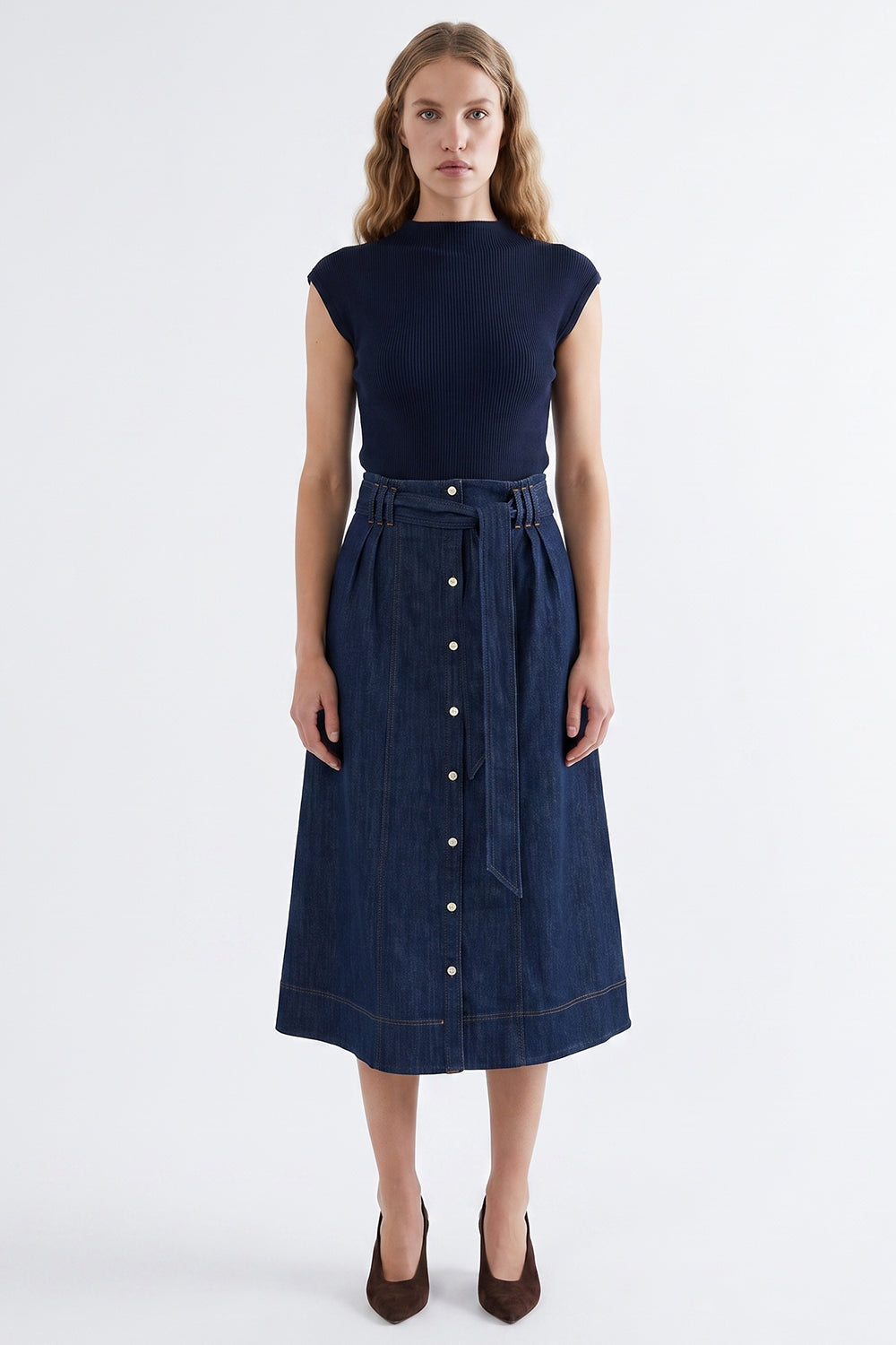 High-Waisted Belted Denim Midi Skirt - BLUE