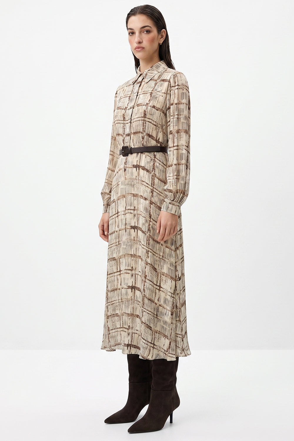 Lined Long Sleeve Midi Dress with Belt - MULTICOLOR