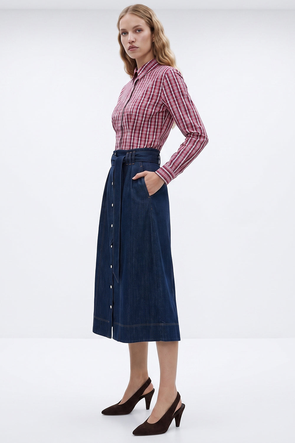 High-Waisted Belted Denim Midi Skirt - BLUE