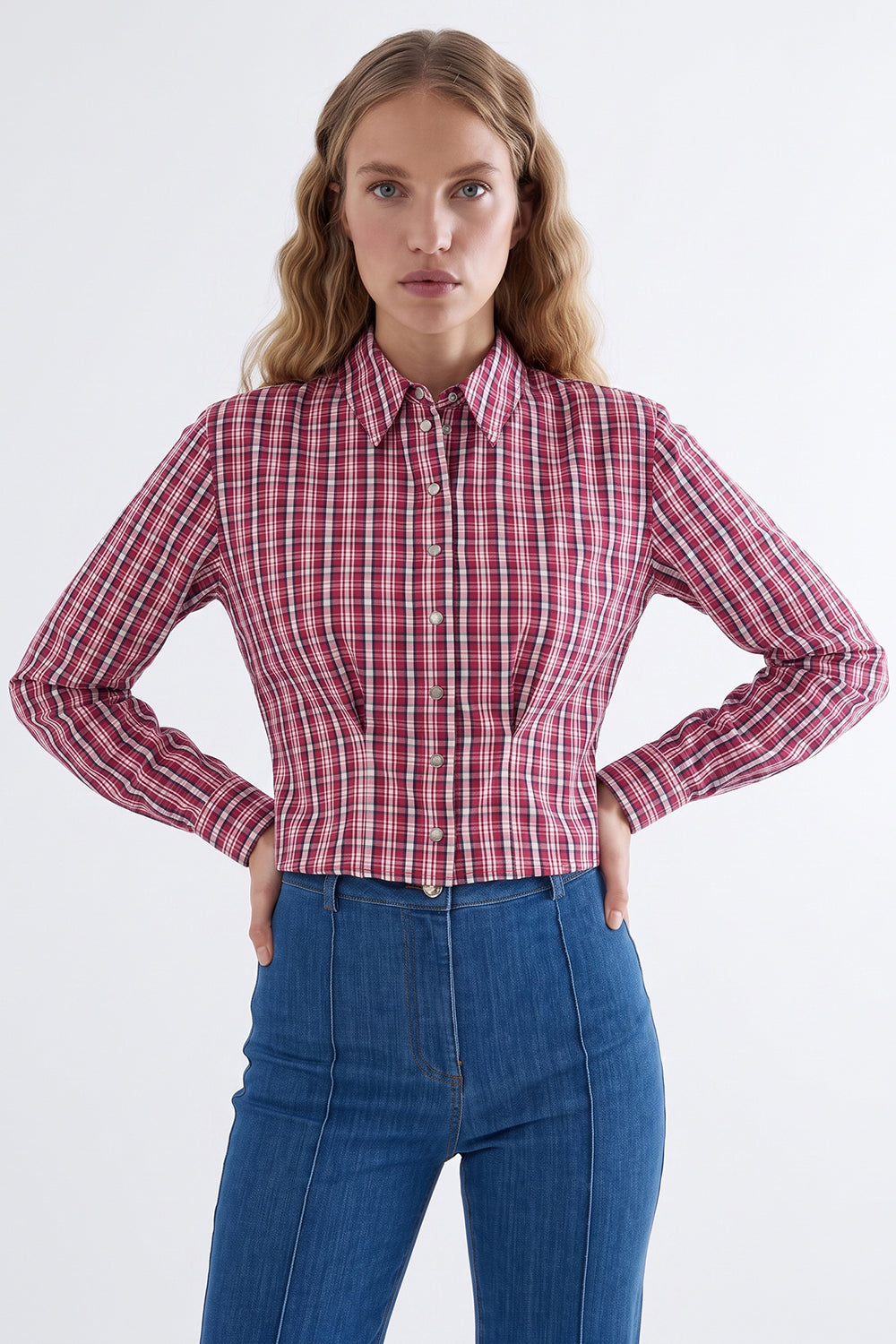 Collared Long Sleeve Shirt with Pleated Waist - MULTICOLOR