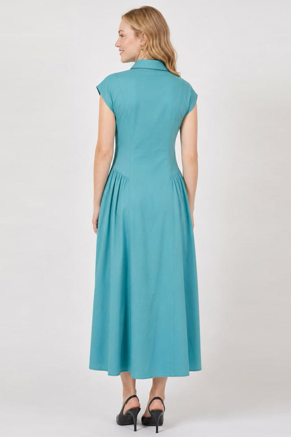 Dropped Sleeve Fitted Midi Dress - BLUE