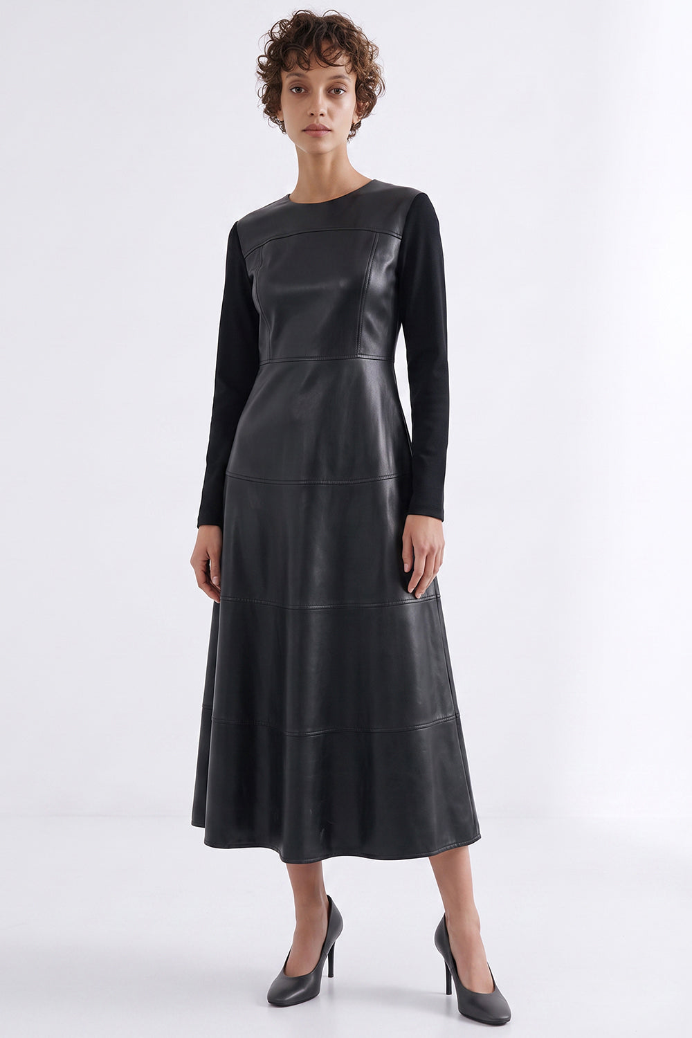 Faux Leather Knit Trim Zip-Up Dress - BLACK