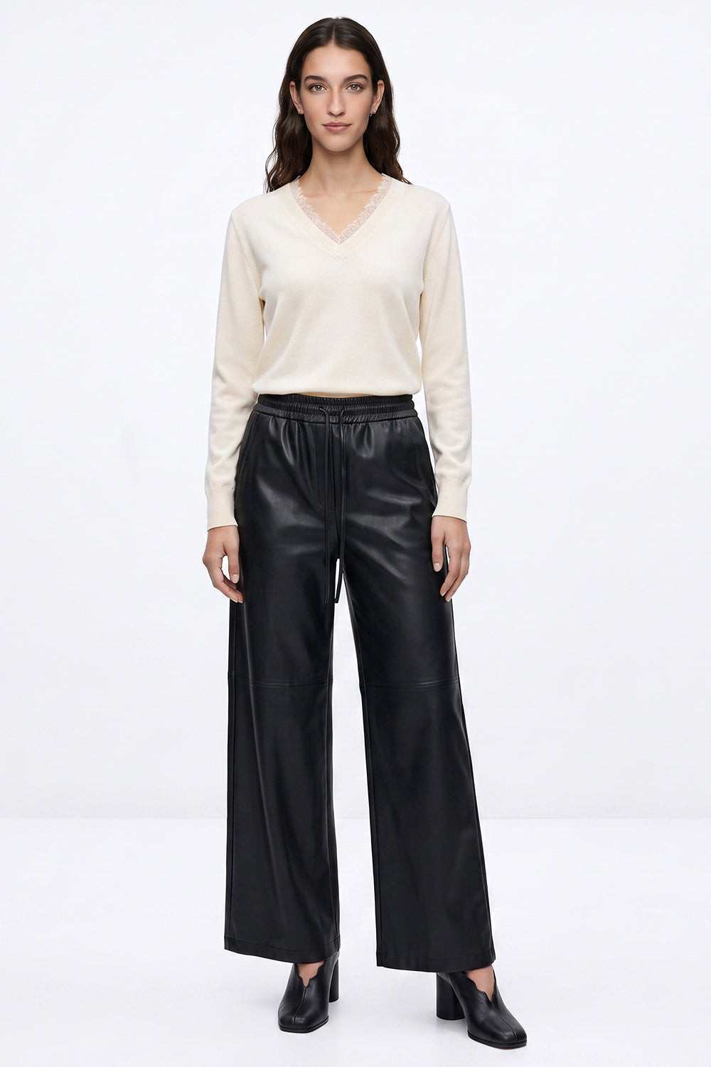 Faux Leather Wide-Leg Trousers with Elastic Waist - BLACK