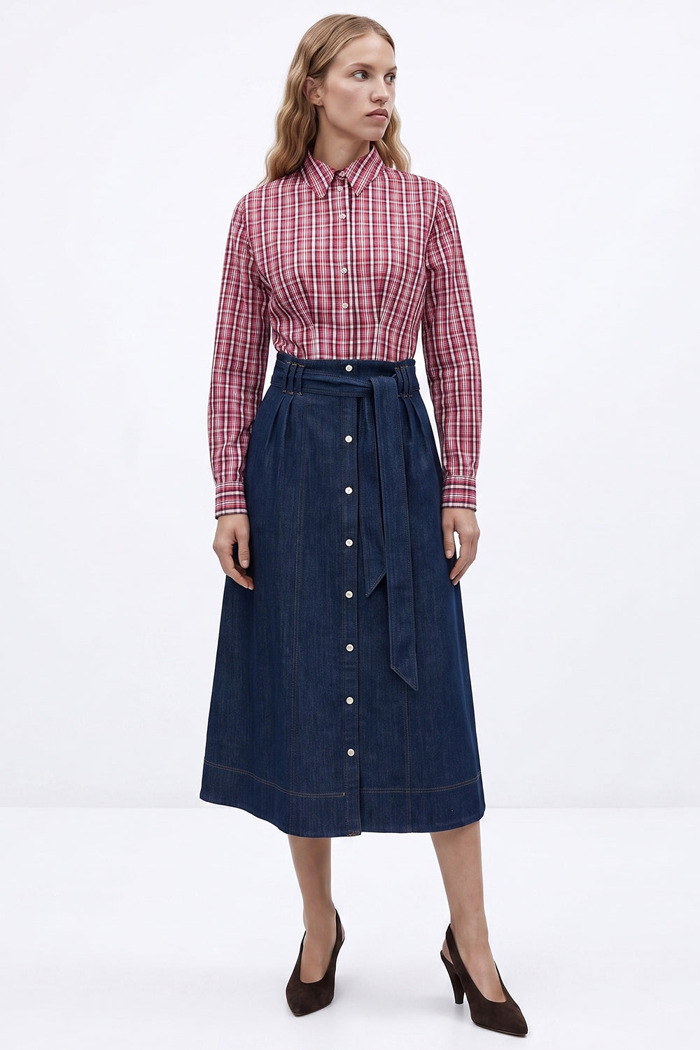 High-Waisted Belted Denim Midi Skirt - BLUE