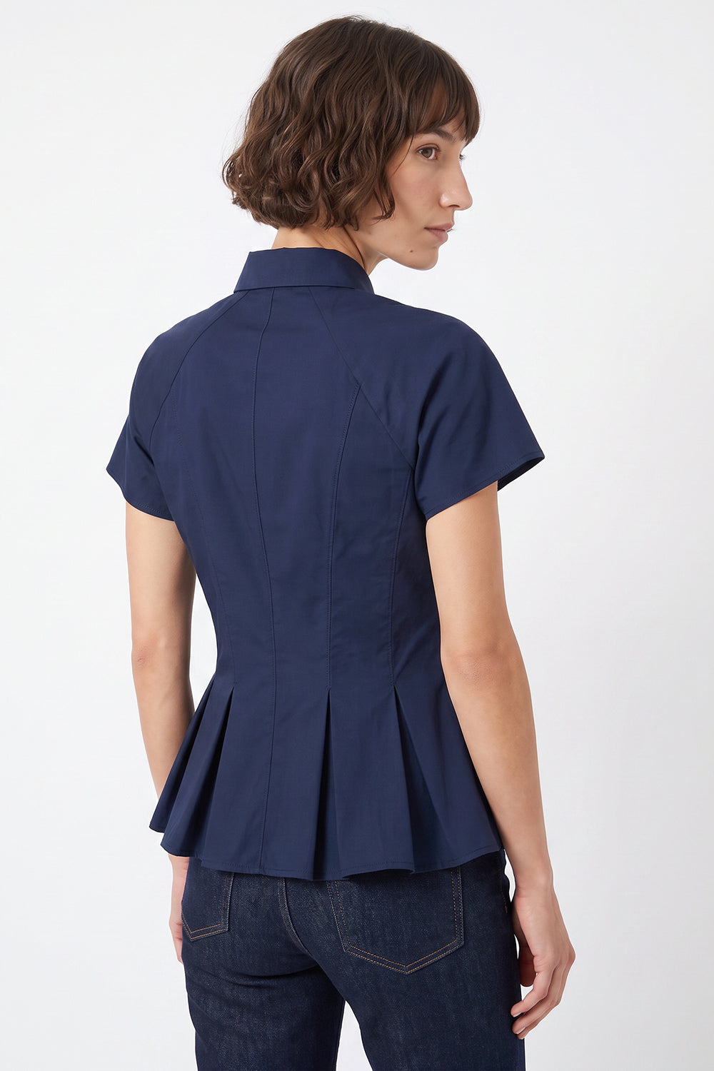 Dropped Sleeve Pleated Zigzag Stitch Shirt - NAVY