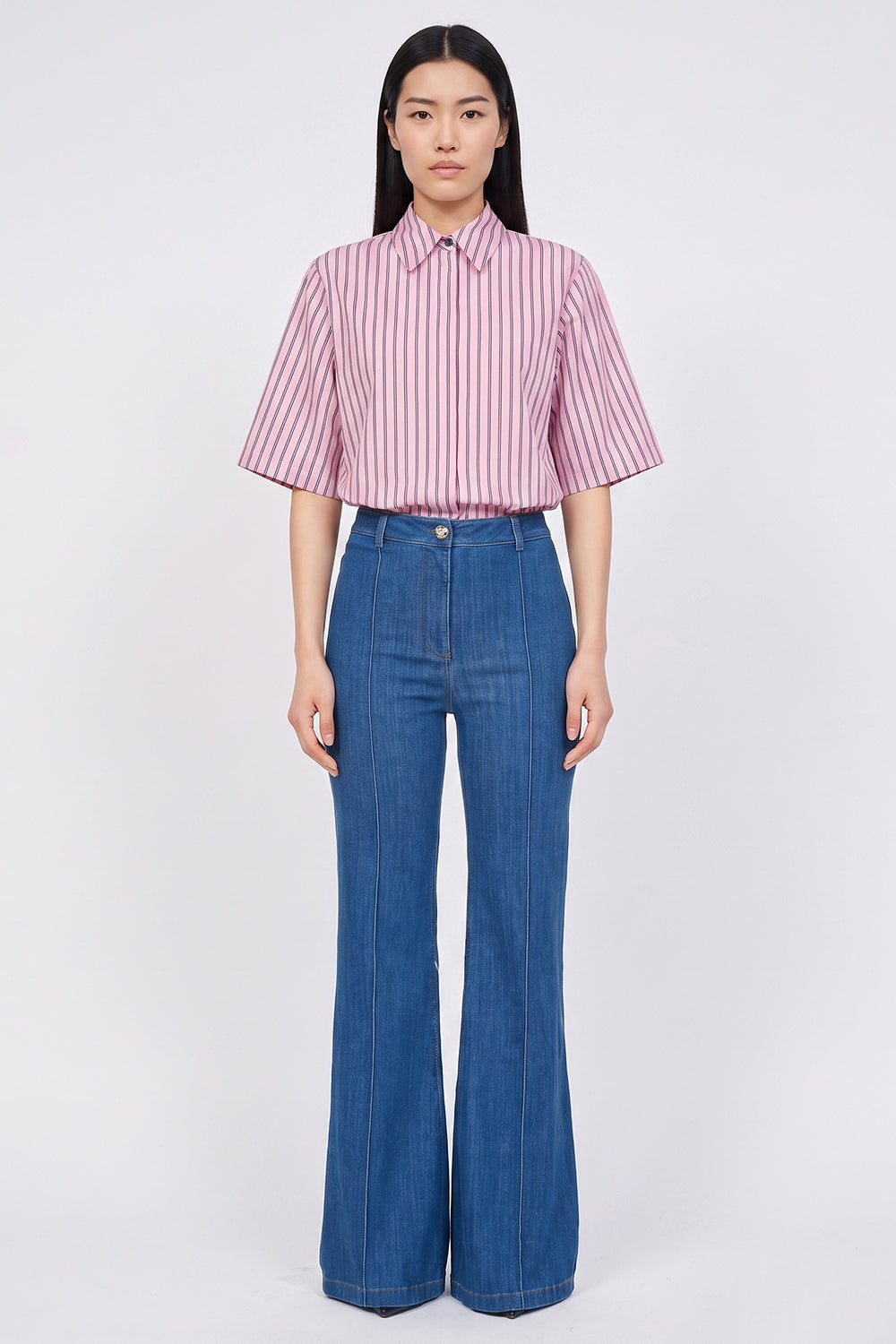 Short Sleeve Button Front Shirt with Concealed Placket - PINK NAVY BLUE