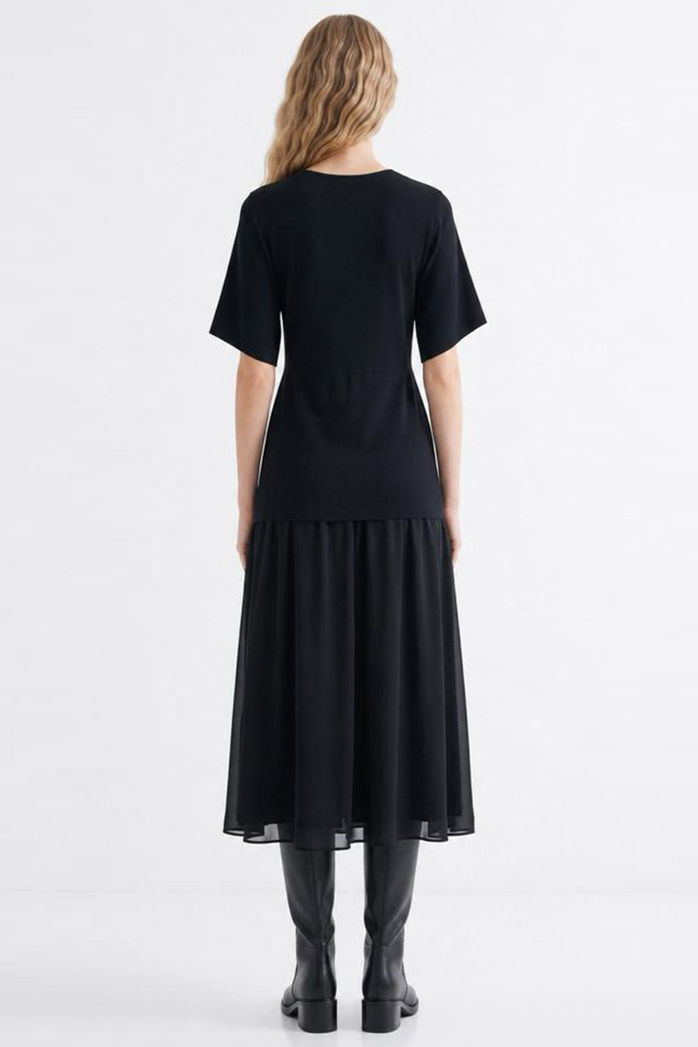 Short Sleeve Midi Dress with Chiffon Lined Skirt - BLACK