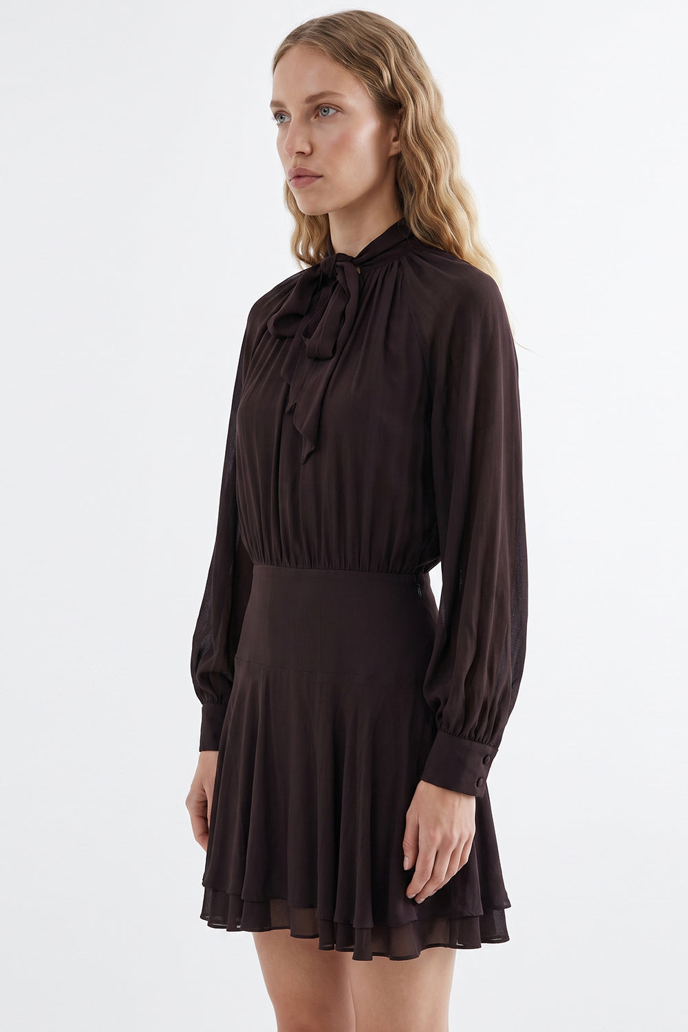 Foulard Detail Fitted Mini Dress - BROWN