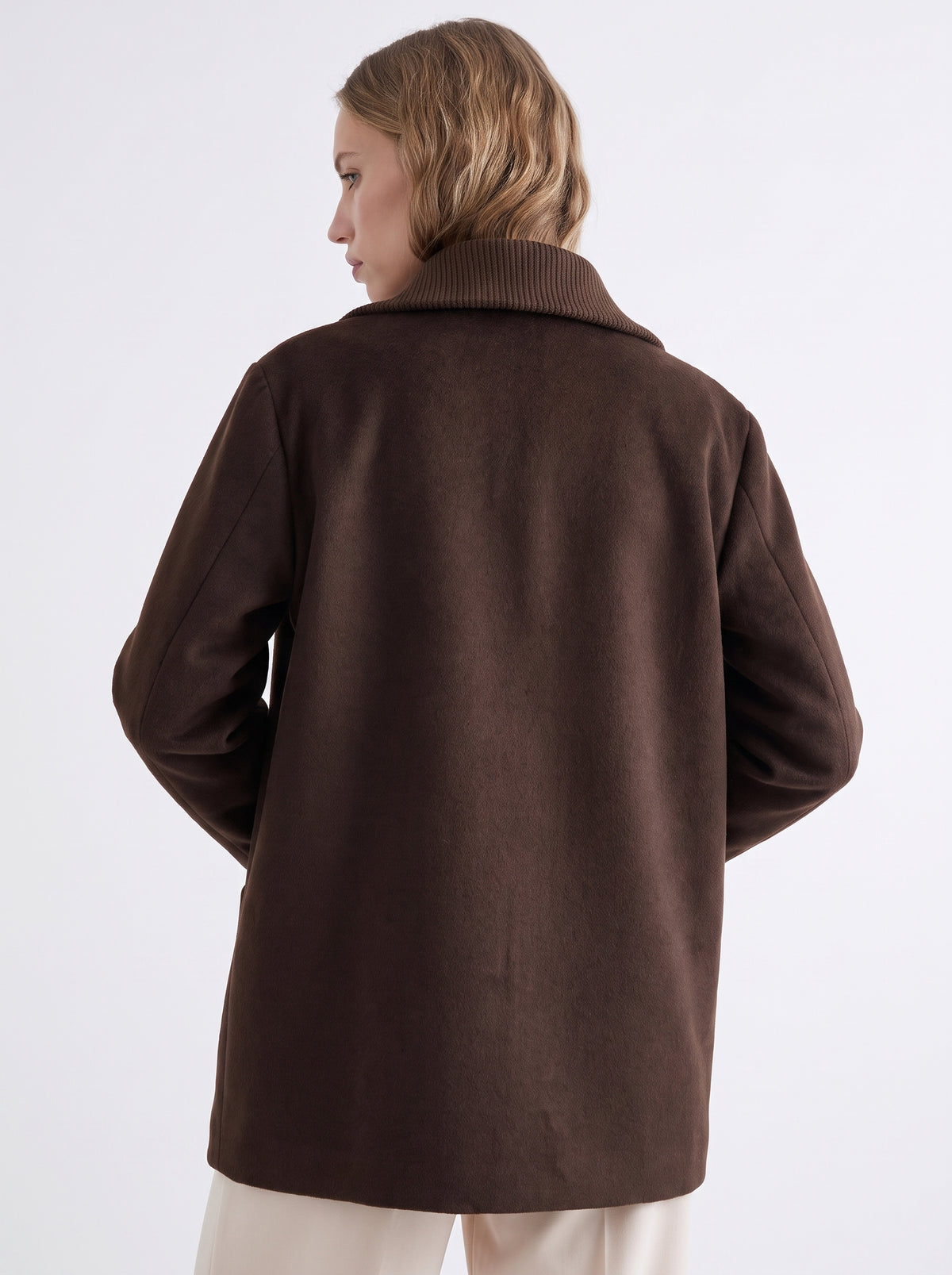 Ribbed Wool Blend Lined Coat - BROWN