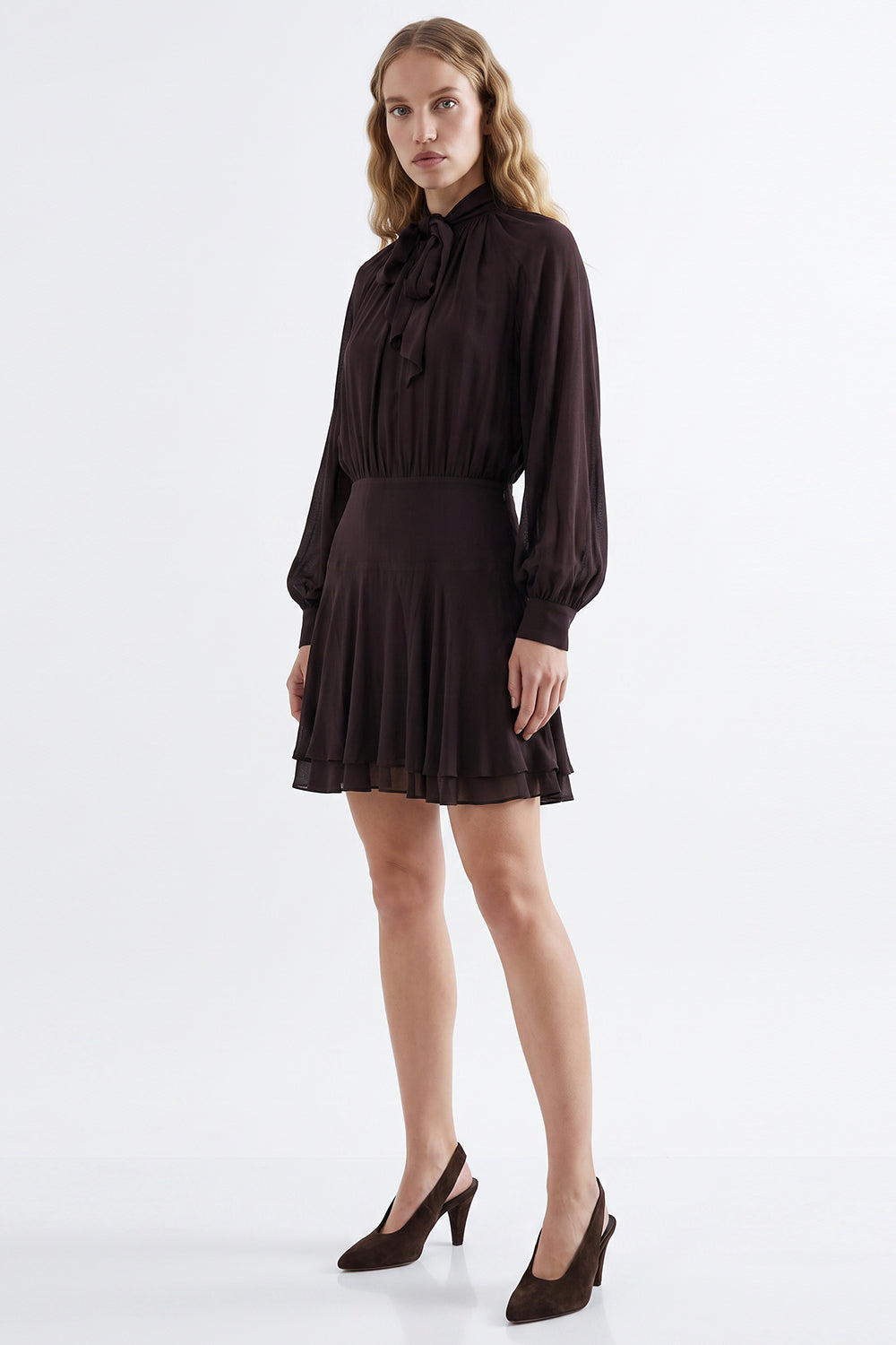 Foulard Detail Fitted Mini Dress - BROWN