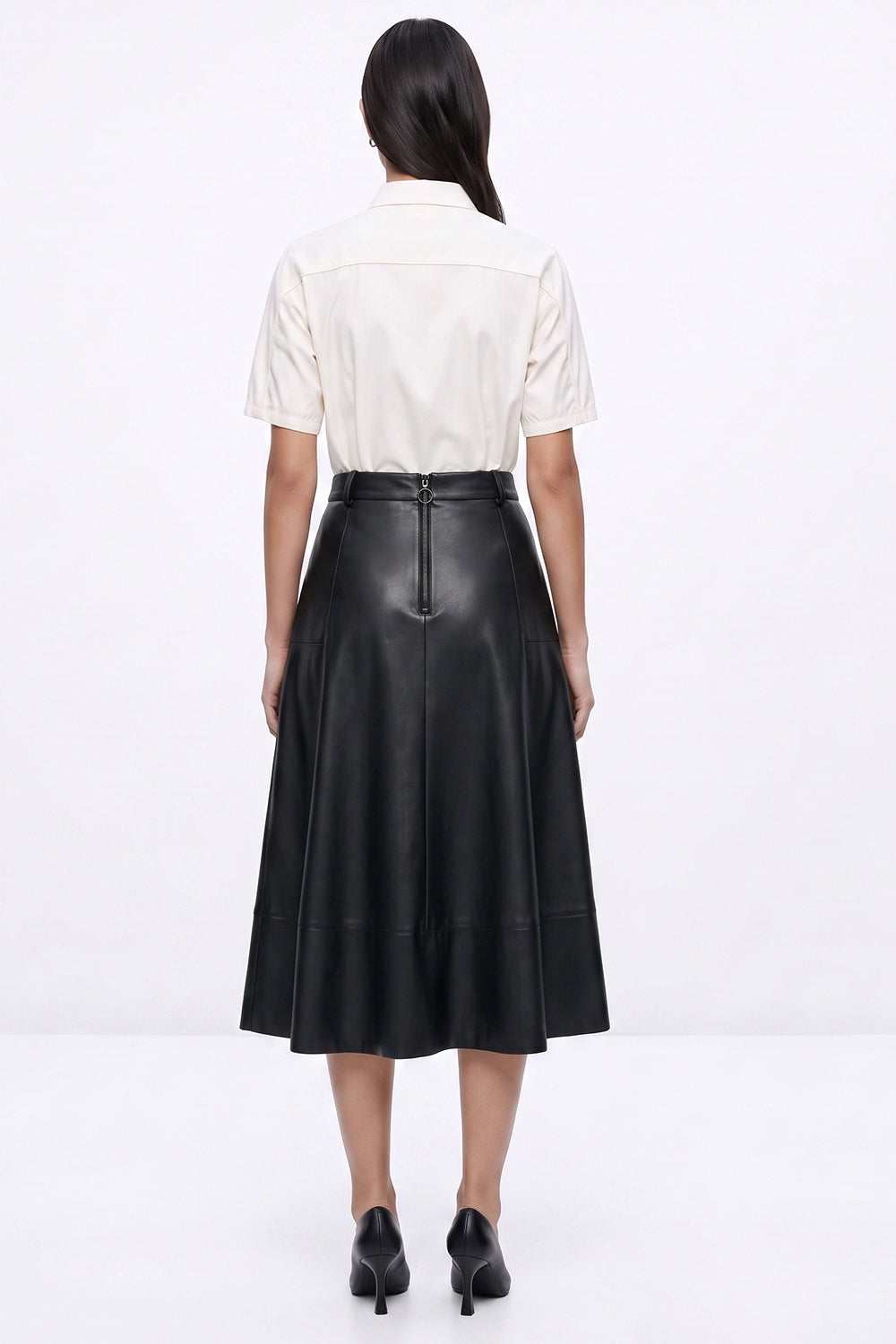 Faux Leather Midi Skirt with Pockets and Zipper - BLACK