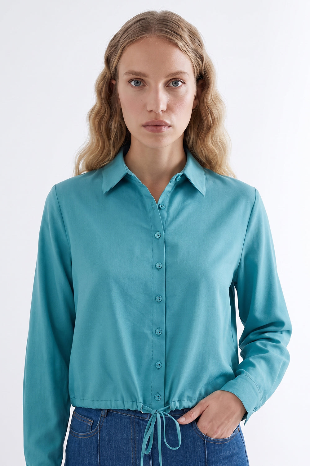 Long Sleeve Shirt with Elastic Waist - BLUE