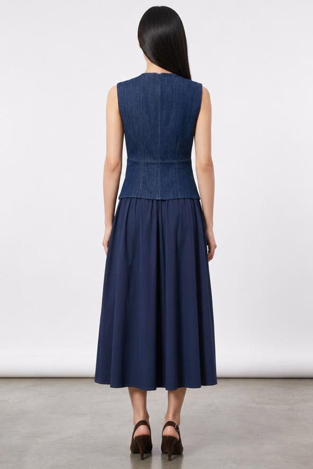 Denim Trim Zip-Front Midi Dress - BLUE