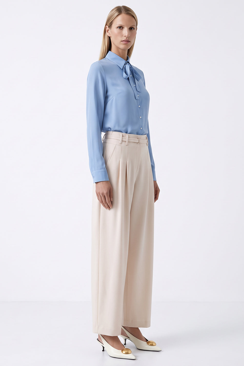 Long Sleeve Tie Neck Shirt with Cuffs - BLUE