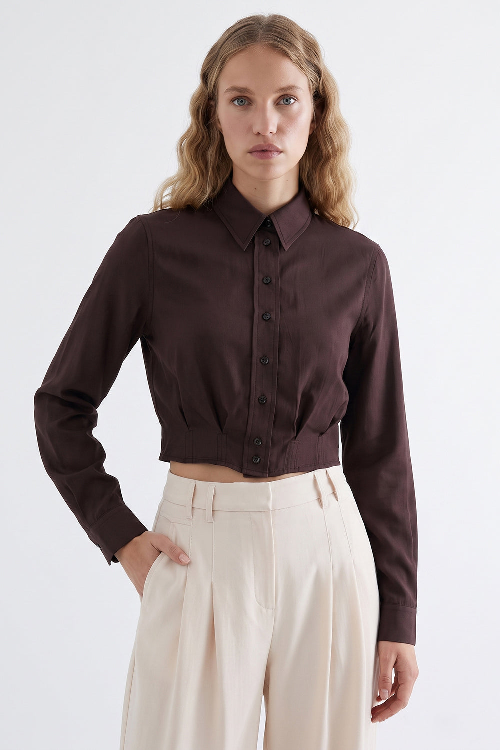 Satin Long Sleeve Shirt with Pleated Waist - BROWN