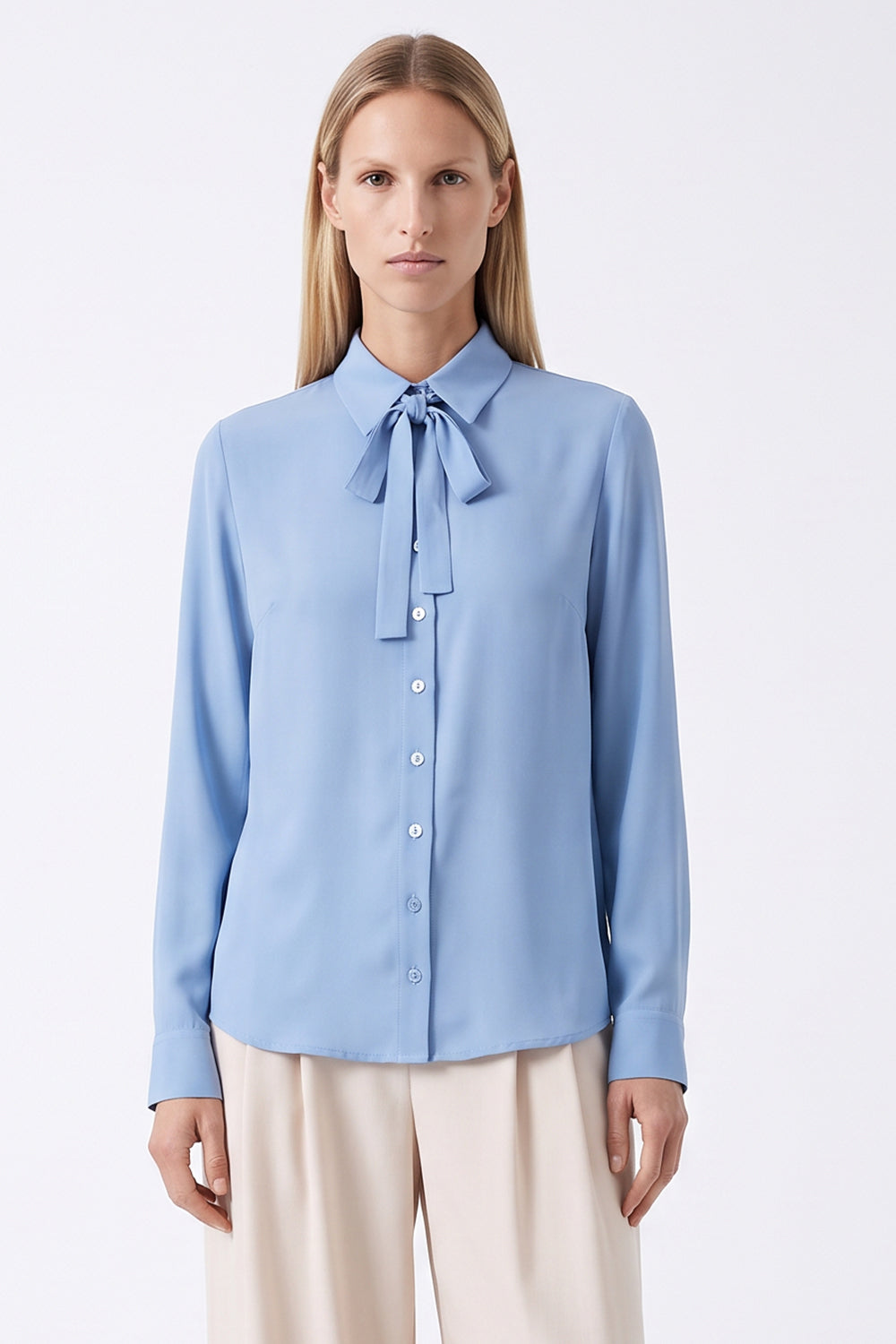 Long Sleeve Tie Neck Shirt with Cuffs - BLUE