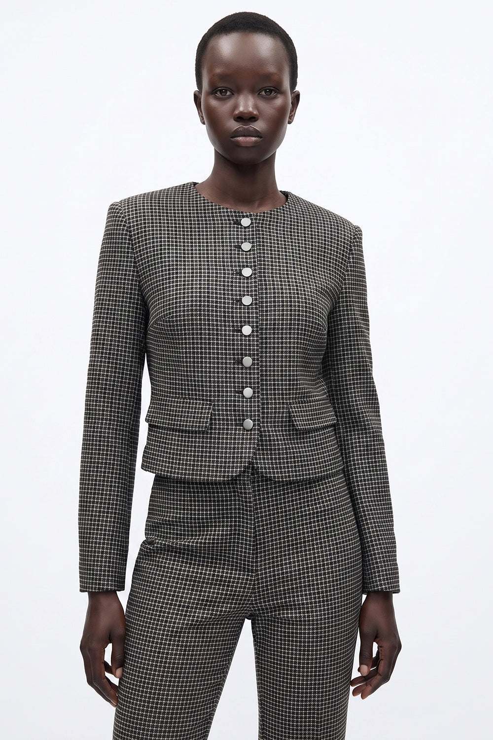 Round Neck Shoulder Padded Lined Fitted Jacket - MULTICOLOR