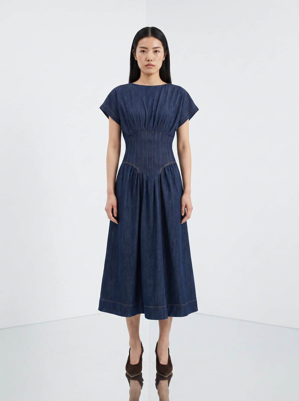 Corset Waist Dropped Sleeve Midi Dress - NAVY