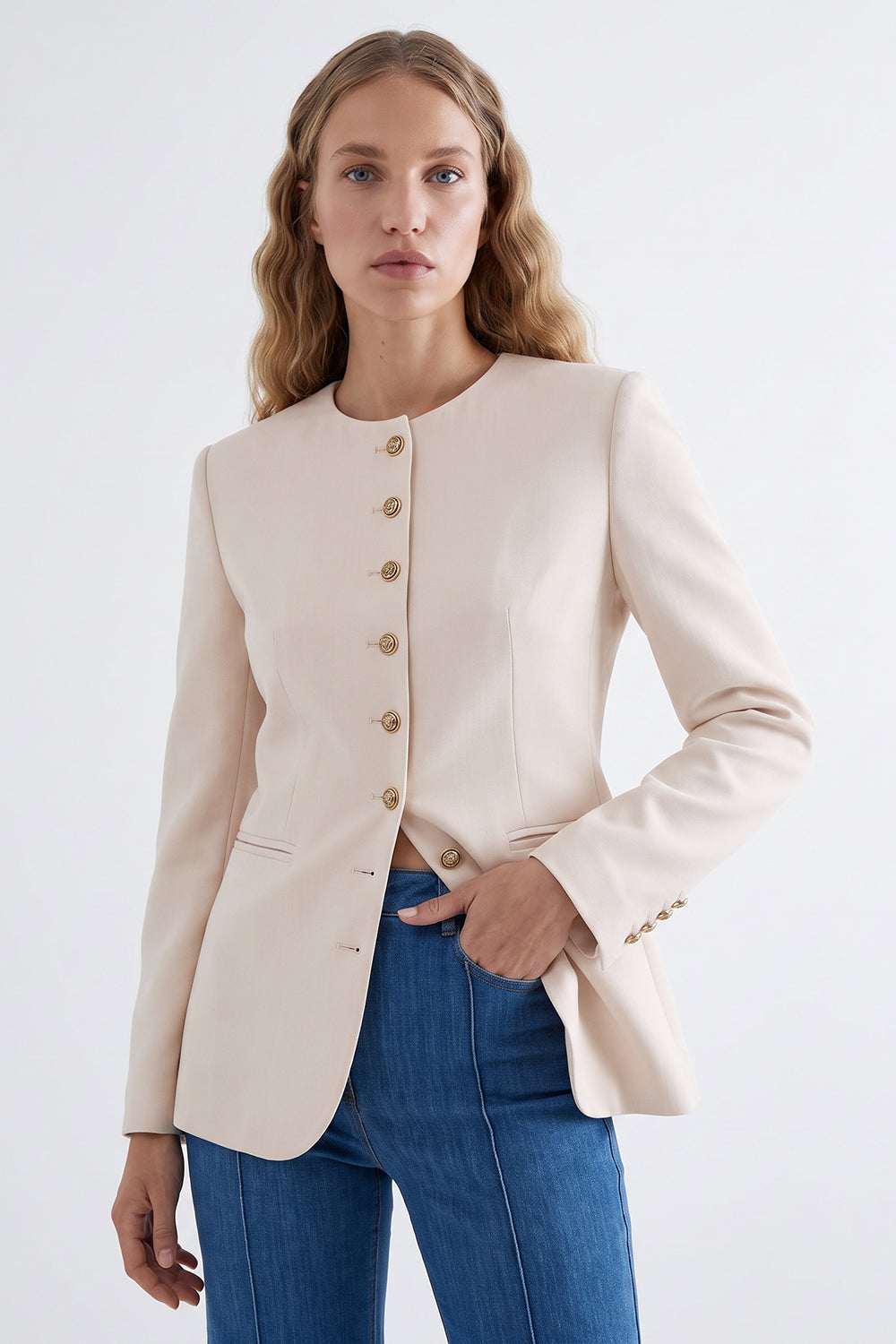 Shoulder Padded Jacket with Buttoned Cuffs and Welt Pockets - CREAM