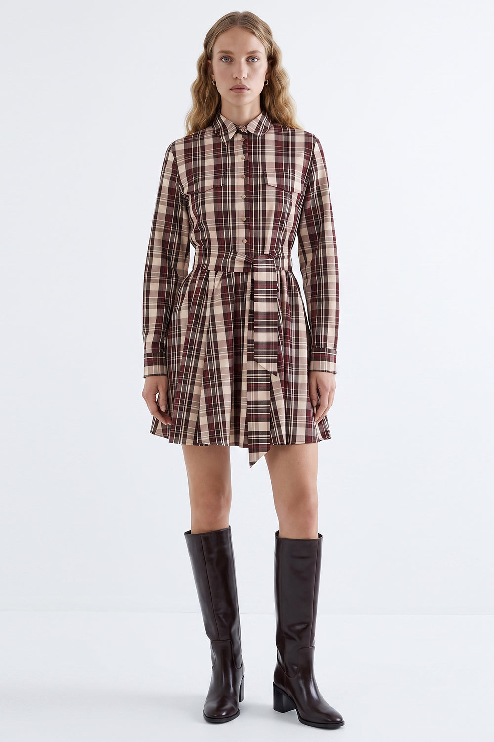 Ruched Waist Mini Dress with Belt and Zipper - MULTICOLOR