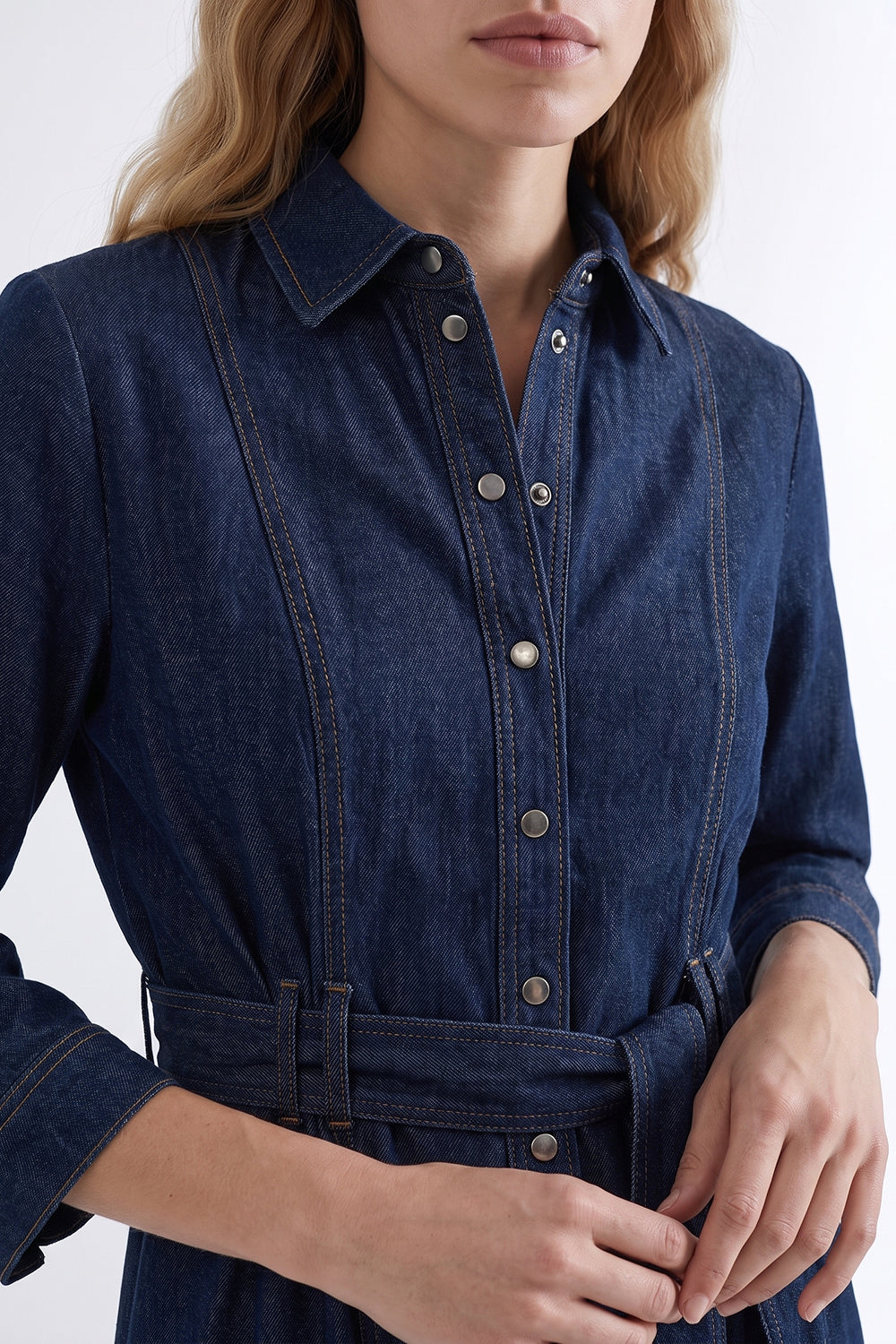 Long Sleeve Belted Denim Midi Shirt Dress - INDIGO