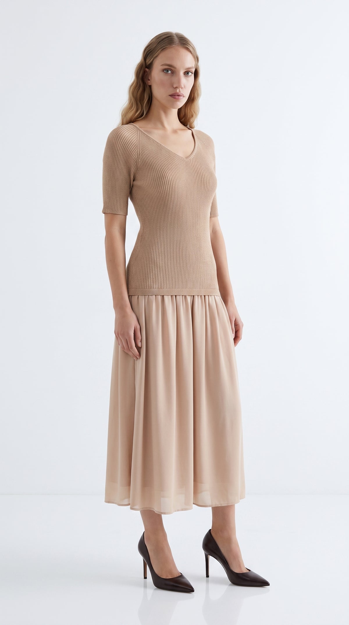 Round Neck Long Sleeve Lined Knit Maxi Dress - BEIGE
