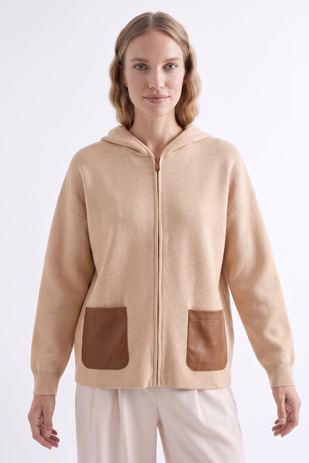 Leather Trim Hooded Knit Cardigan - CAMEL