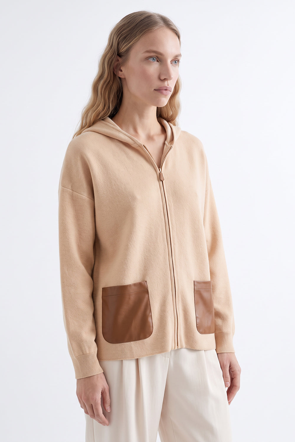 Leather Trim Hooded Knit Cardigan - CAMEL