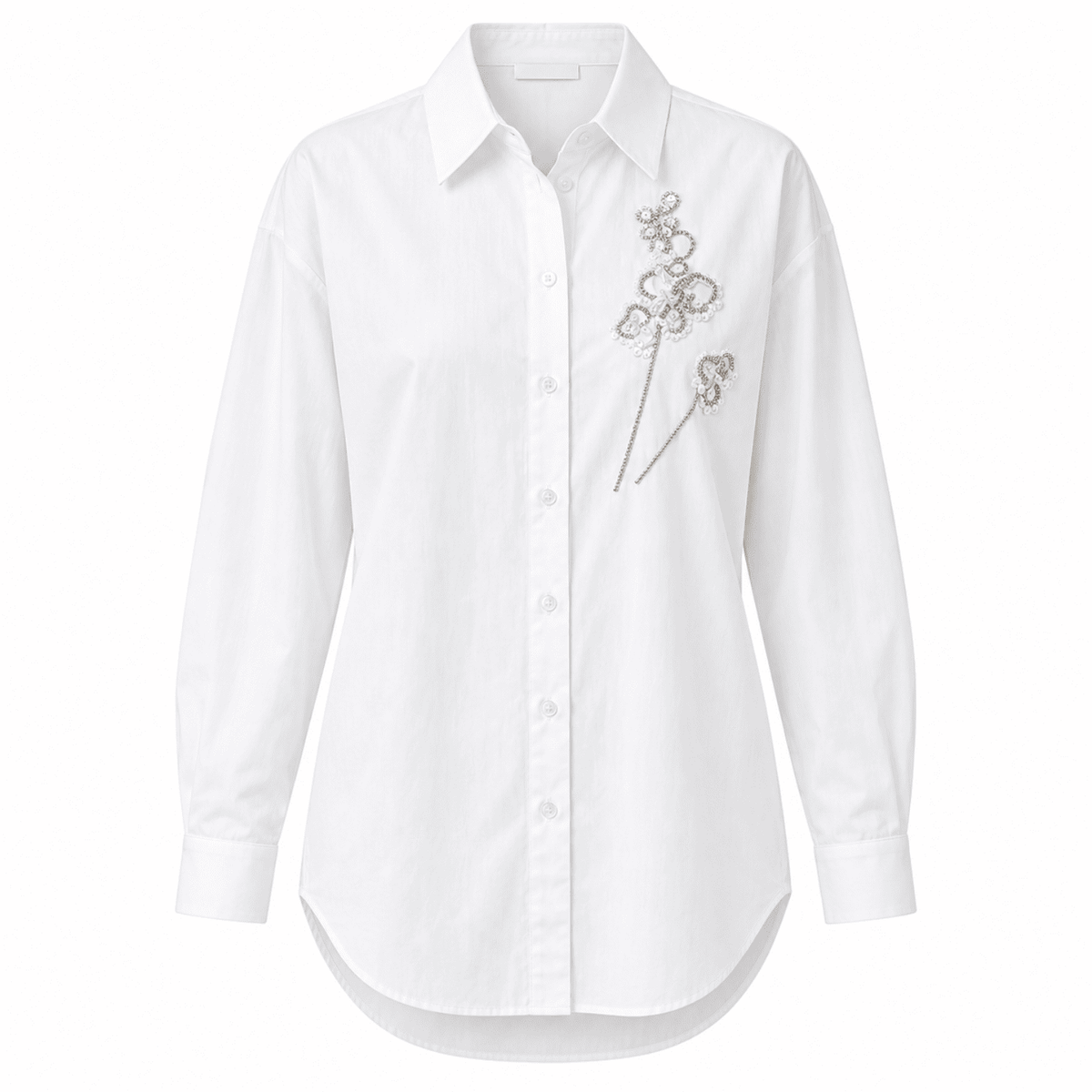 Bernetta Shirt Collar Long Sleeve Embroidered Shirt - White