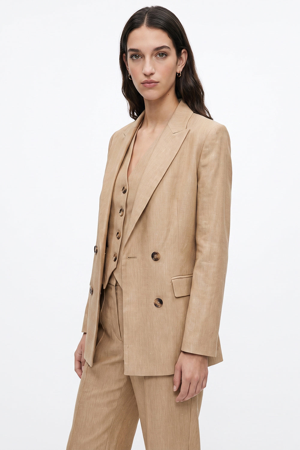Linen Blend Shoulder-Padded Wrap Jacket - CAMEL