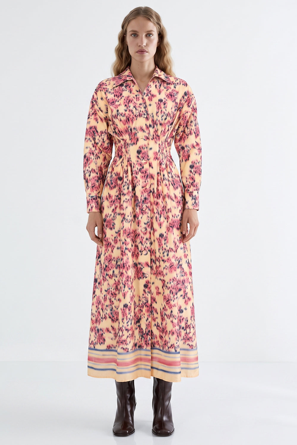 Pleated Waist Shirt Dress with Elastic Back - MULTICOLOR
