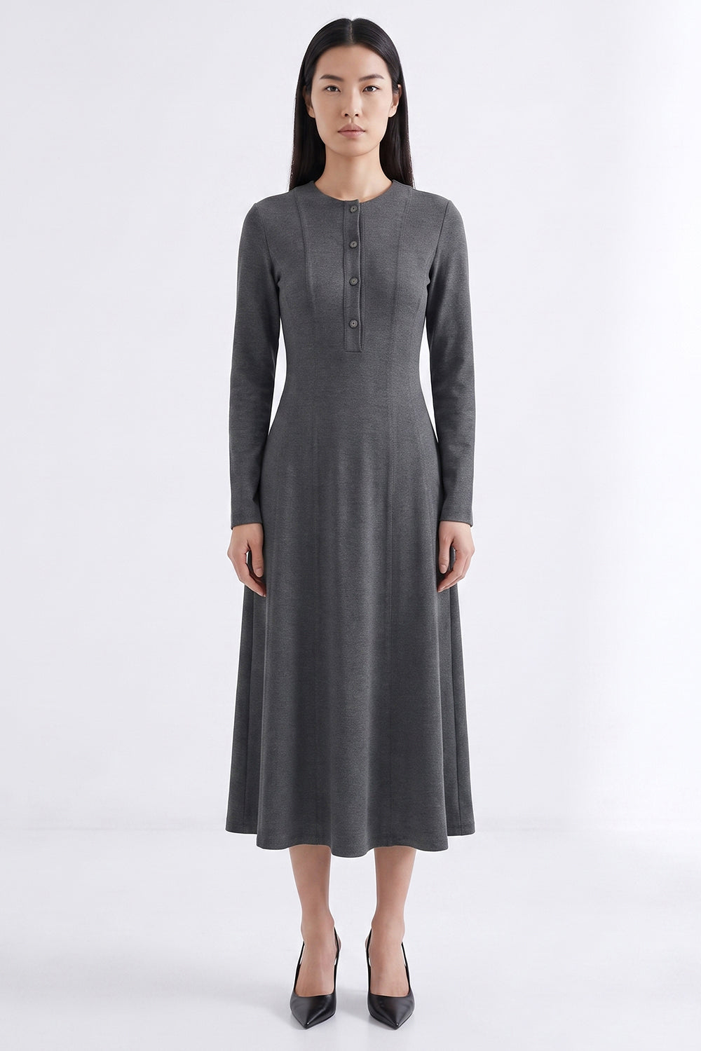 Long Sleeve Knit Dress with Zipper and Pockets - GREY MELANGE