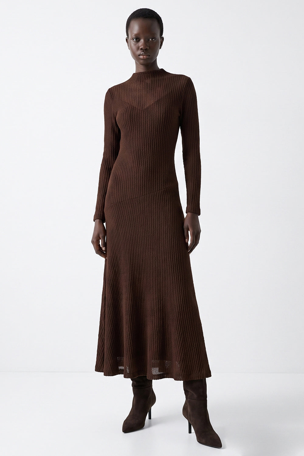 Lined Lace Flared Knit Midi Dress - BROWN