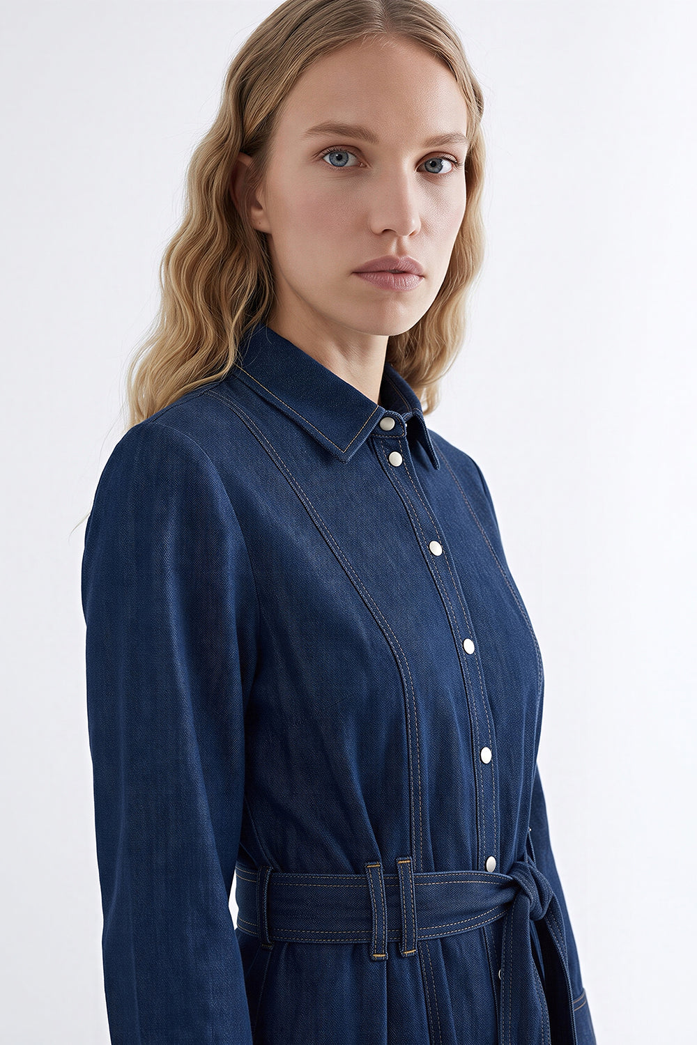 Long Sleeve Belted Denim Midi Shirt Dress - INDIGO