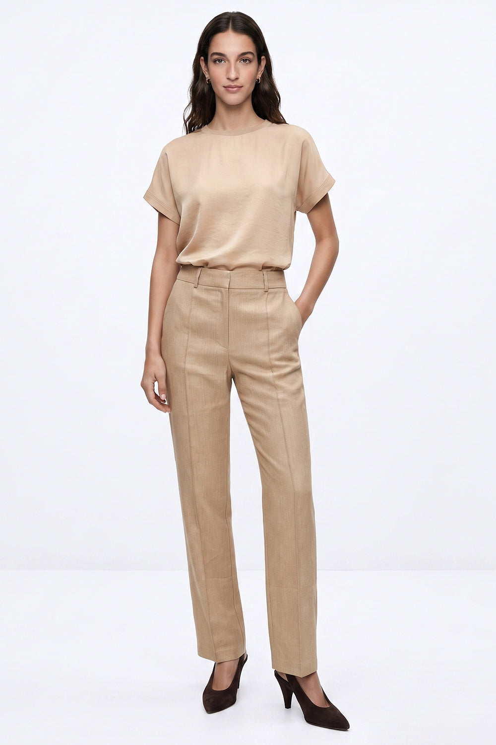 High Waisted Linen Blend Trousers - CAMEL