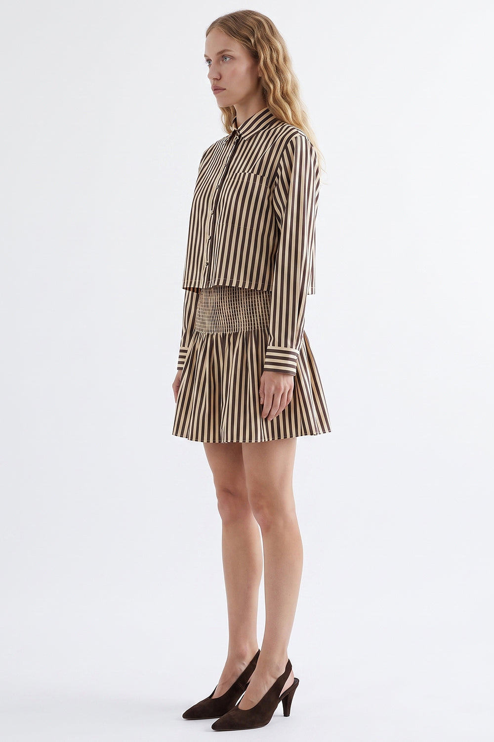 Collared Mini Dress with Shirred Waist - BROWN BEIGE