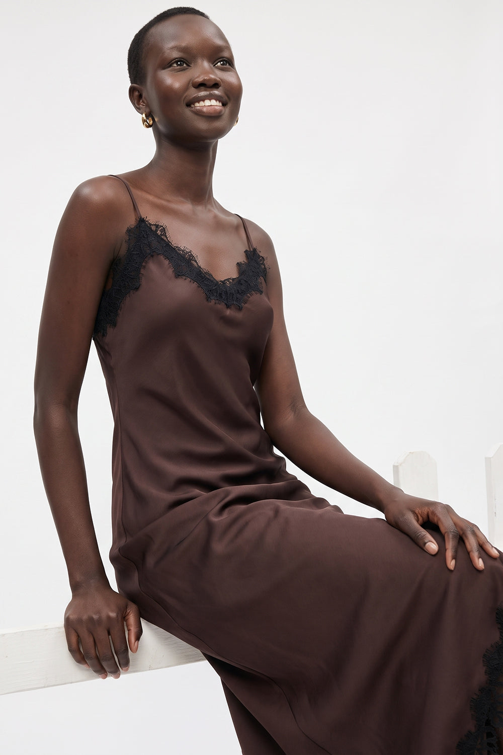 Satin Fitted Dress with Adjustable Straps - BROWN