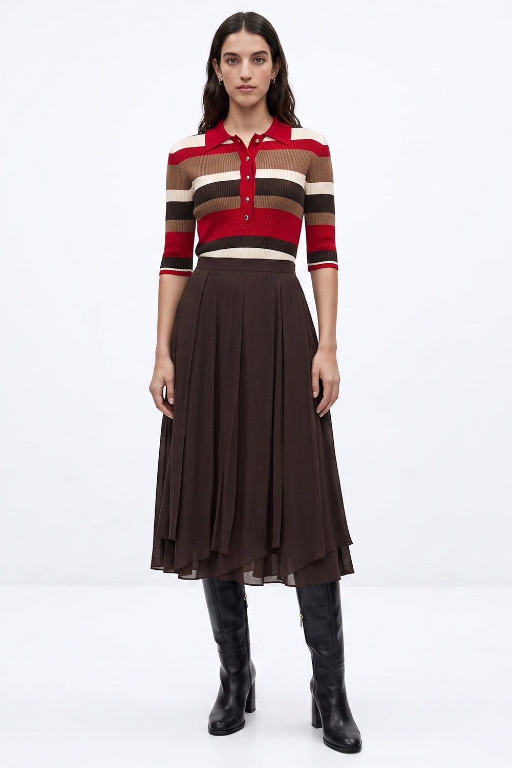 Panelled Flared Skirt with Hidden Zipper - BROWN