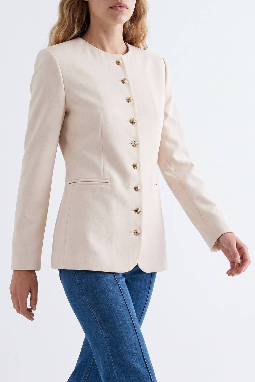 Shoulder Padded Jacket with Buttoned Cuffs and Welt Pockets - CREAM