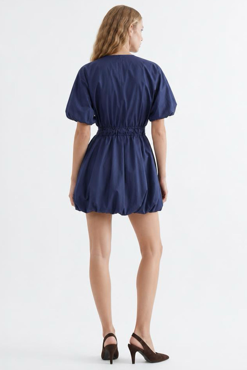 Balloon Sleeve Lined Mini Dress with Elastic Waist - BLUE