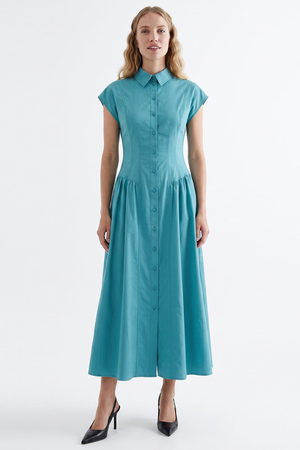 Dropped Sleeve Fitted Midi Dress - BLUE