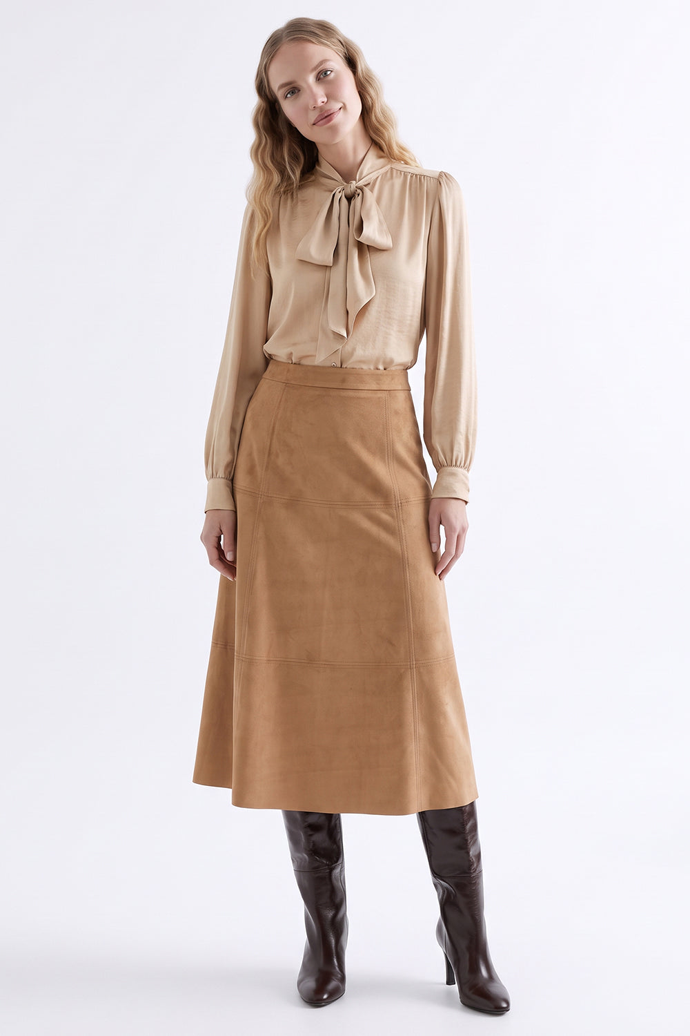 Stitch Detail Suede Midi Skirt with Zipper - CAMEL
