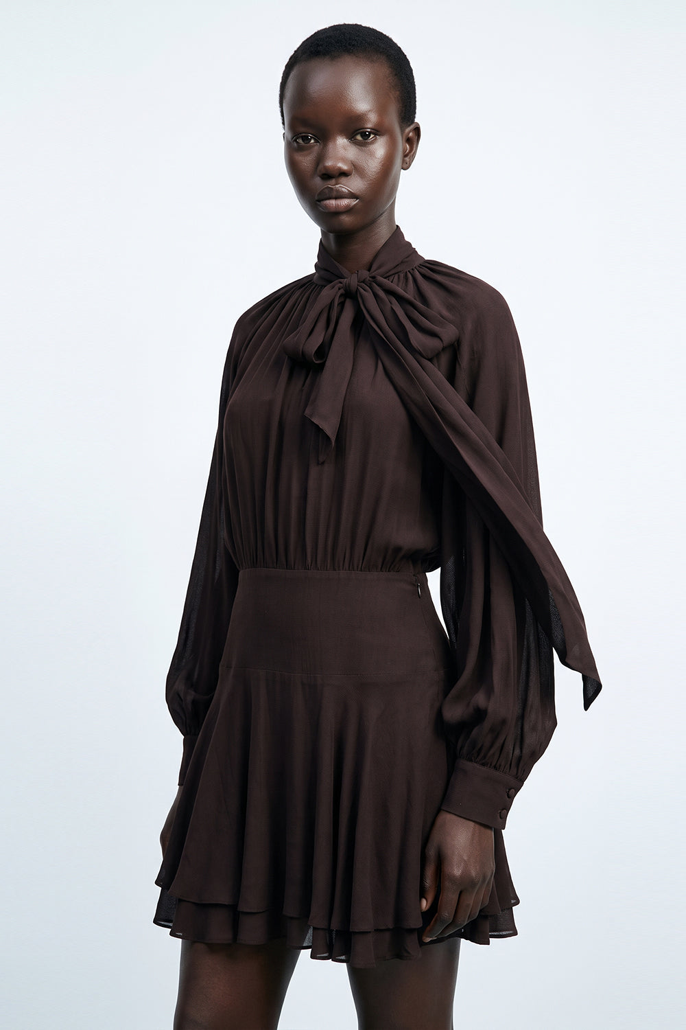 Foulard Detail Fitted Mini Dress - BROWN