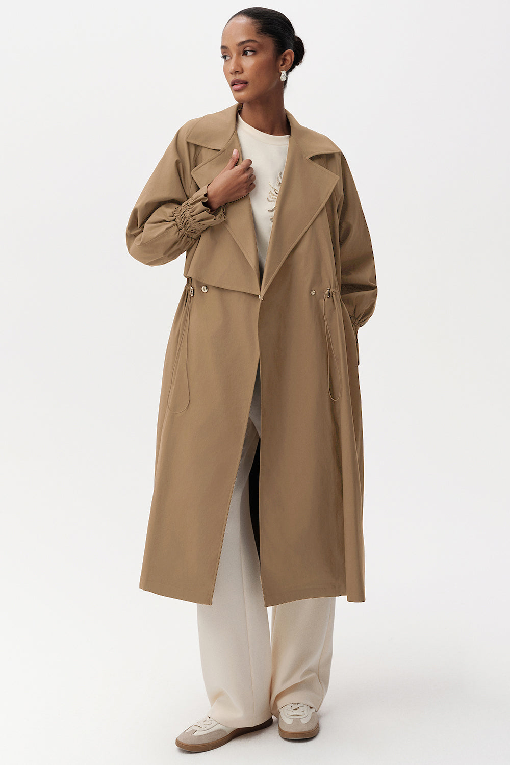 Elegant Belted Midi Trenchcoat with Long Sleeves
