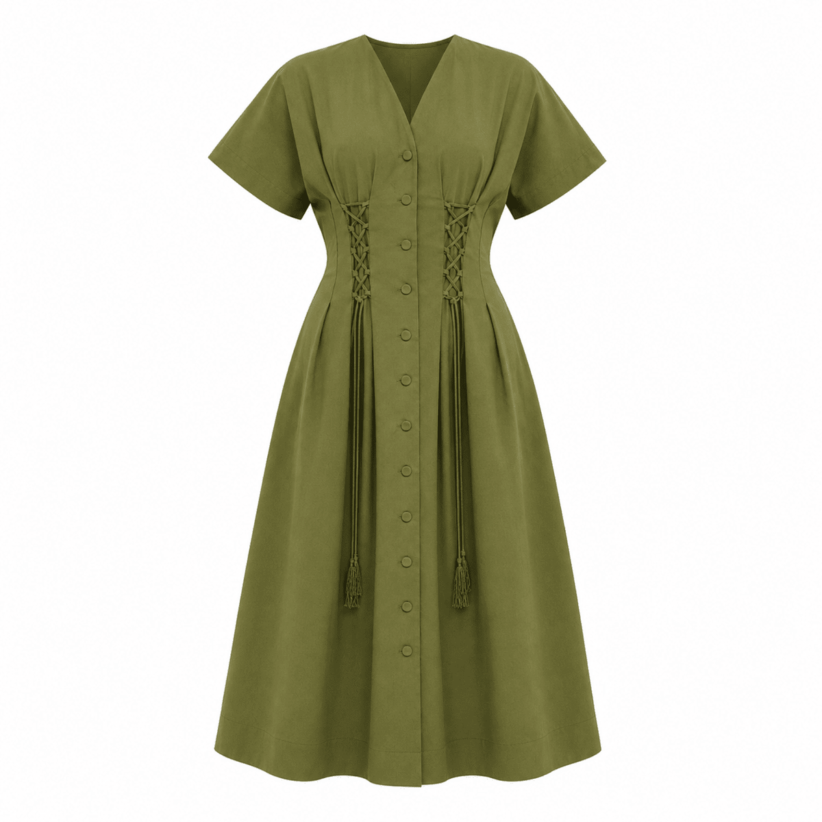 Andree V Neck Tie Waist Pocket Midi Dress - Khaki